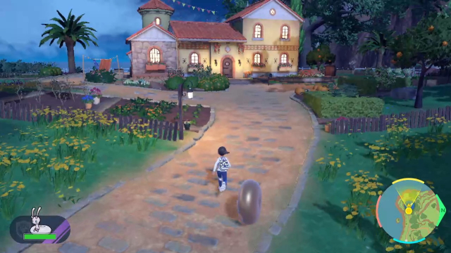 Image of Hisuian Sliggo rolling beside my Pokemon Violt Trainer, much akin to a tire.