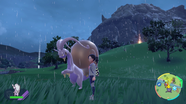 Image of my Pokemon Trainer with Hisuian Goodra in the rain.