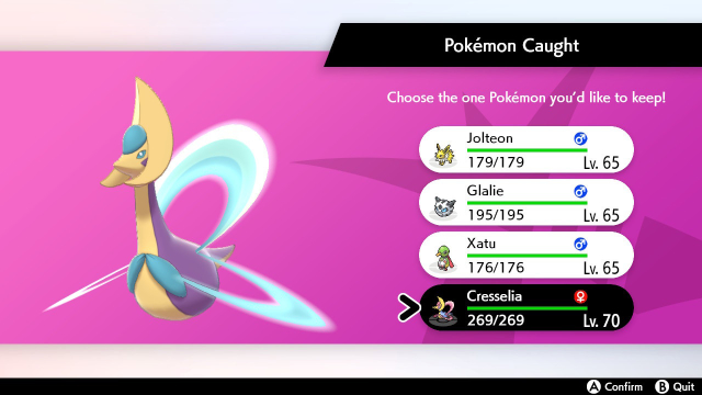 Screenshot of Shiny Cresselia at the end of a Pokemon Sword Dynamax Adventure