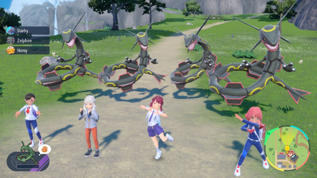 Screenshot of my trainer and my sisters' trainers lined up our Shiny Rayquazas behind us