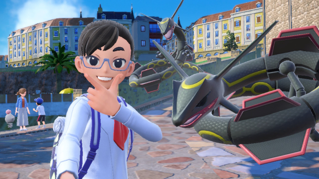 Screenshot of my trainer in front a Shiny Rayquaza