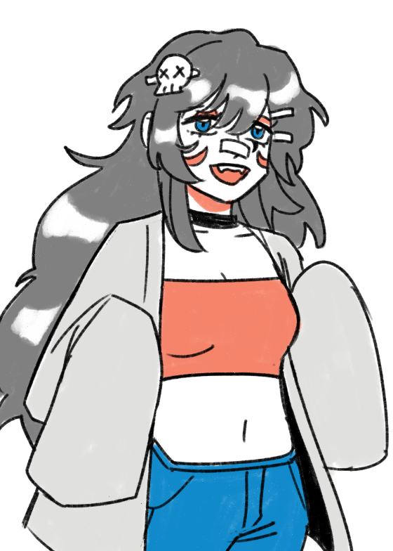 Sketch art of a character with black hair and a skull hair pin.