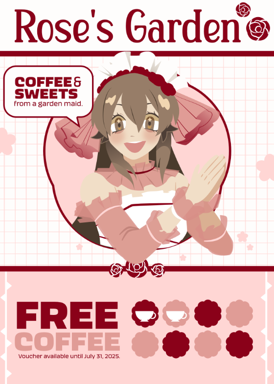 Vector art + design of a voucher. A character dressed in lolita clothing is at the center of the design.