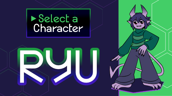Digital art of a fake character select screen.  A text box shows 'Select a Character'. Underneath it is the name 'RYU.' To the right is a fullbody drawing of the character.