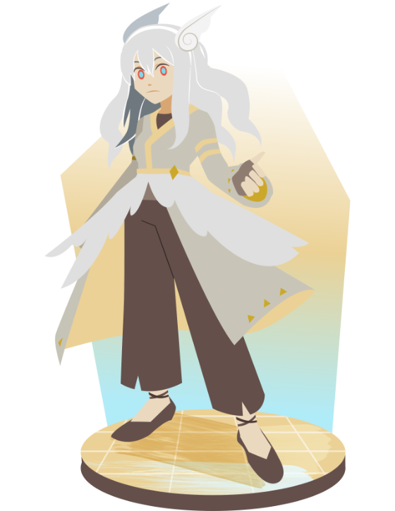 Full-body art of a character with white hair and feather-adorned attire.