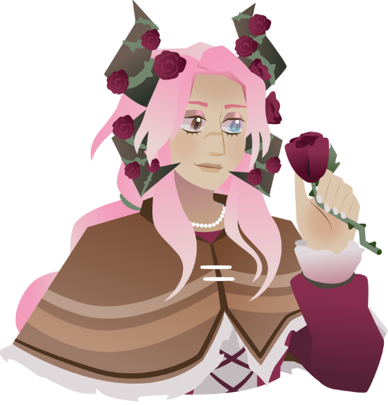Half-body art of a pink-haired character with four devil horns. Rose vines adorn their horns.