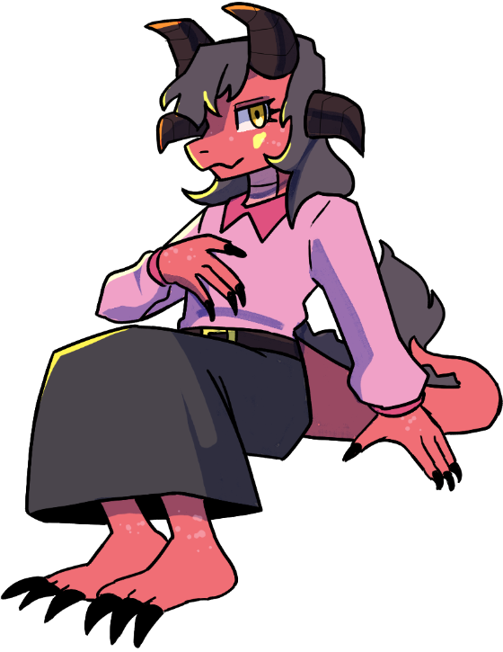 A red dragon character with black horns and black hair. She's sitting down and is dressed in a collared shirt and skirt.