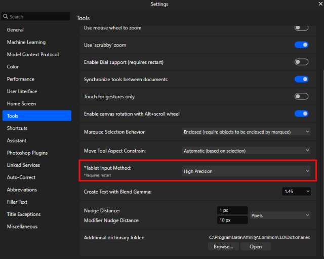 Affinity Tablet Settings