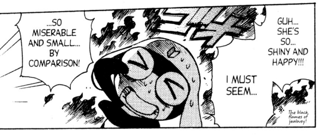 Manga panel from Keroro Gunsou. Text: Guh... She's so... shiny and happy!!! I must seem... So miserable and small by comparison!