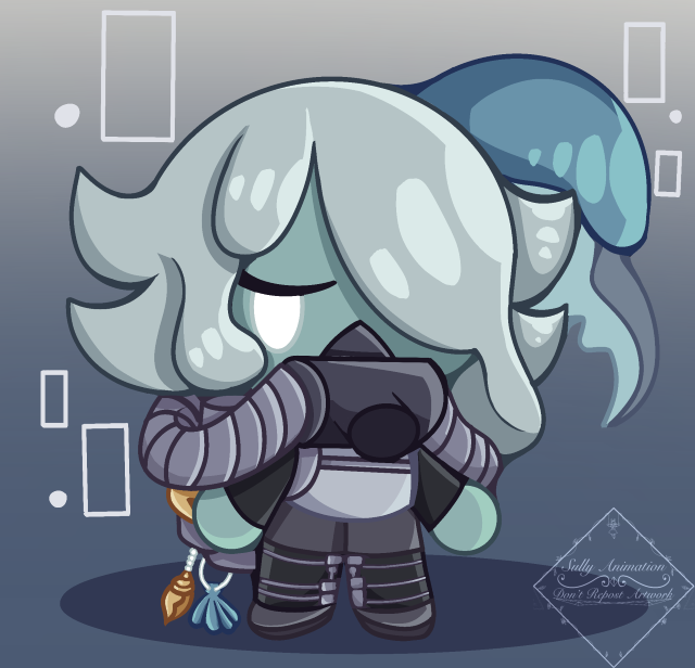 Chibi art of a fantasy character with light hair and blue skin equipped with scuba-looking gear.