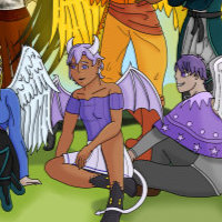 A full-body artfight drawing of Bryce crouching with a group.