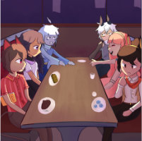 An artfight drawing of chapel eating at Denny's with other OCs.