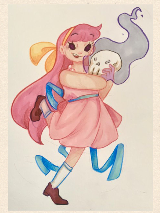 A full-body artfight drawing of Cinder. She is hugging her skeleton.