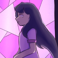 Mid-shot artfight drawing of Ixora in front of stained glass.