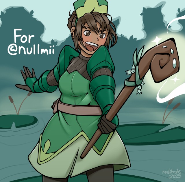 a character with brunette hair is holding a staff on top of a lilypad in a swamp.